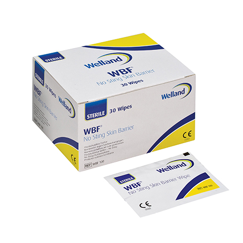 En vit och gul förpackning med WBF innehållande ren medicinsk silikon för häftborttagning och hudskyddsbarriär. Stora servetter.